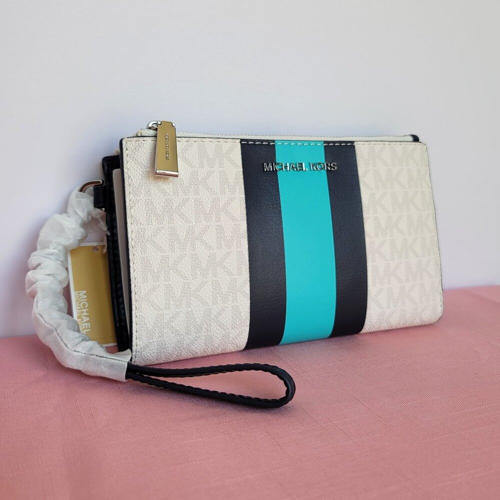 MICHAEL KORS Jet Set Double Zip Signature Phone Wristlet- Ocean Blue Multi 🎈⭐ - Picture 4 of 16